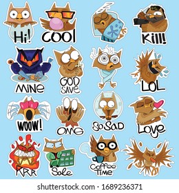 Big set of cartoon vector stickers with owl for print. Bright and funny character for children and adults. There are emotions: greetings, steepness, sleep, threat, dinner, fear, madness, madness.