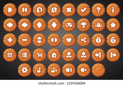 Big set of cartoon wood material vector buttons for the game user interface - computer mobile games and web design - Vector.