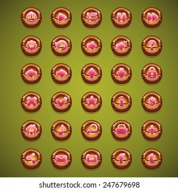 Big set of cartoon wooden buttons for the user interface