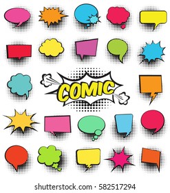 Big Set Of Cartoon,Comic Speech Bubbles, Empty Dialog Clouds With Halftone Dot Background In Pop Art Style. Vector Illustration For Comics Book , Social Media Banners, Promotional Material