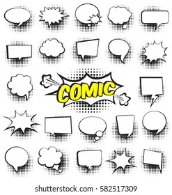 Big Set of Cartoon,Comic Speech Bubbles, Empty Dialog Clouds with Halftone Dot Background in Pop Art Style. Vector Illustration for Comics Book , Social Media Banners, Promotional Material
