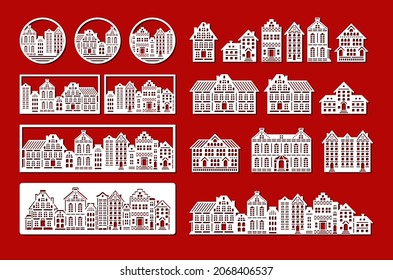 Große Anzahl geschnitzter Häuser. Fassaden von Stadtgebäuden, Hütten, Palästen, Straßen. Einfache geometrische Flache. Weiße Objekte auf Rot. Vorlage, Schablone, Layout für Plotter Laserschneiden von Papier, cnc.