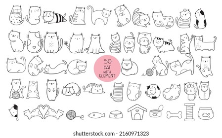 Big set cat animal cartoon hand drawn,doodle,line art style Cute cartoon funny character. Pet collection. Flat design Baby background.vector illustration