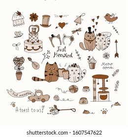 Big set of Cats Wedding. Just married. Accessories of the bride and groom, wedding gifts. Toast to us. Wedding cake and car. Lovely cats. Hand drawn stock vector illustration in vintage doodle style.