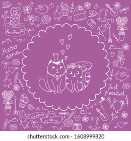 Big set of Cats Wedding. White lines on dark pink background. Accessories of the bride and groom, wedding gifts. Wedding cake and car. Lovely cats. Hand drawn stock vector illustration in doodle style