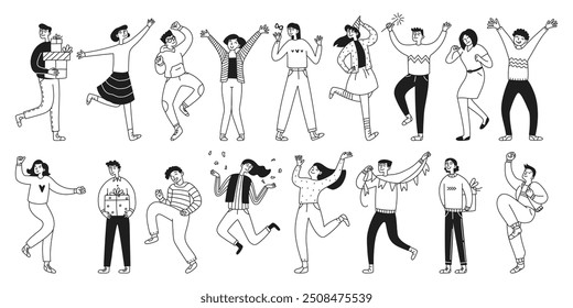 Gran conjunto de personas celebrando. Colección con hombres y mujeres saltando alegres celebrando un evento o ceremonia. Esquema, línea. Vector doodle ilustración