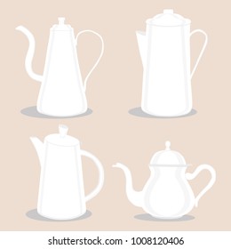 Big set ceramic teapots, glass kettle with handle on white background, teapot pattern consisting in spout for draining liquid coffee in kit kettles, collection teapots it different kitchen kettle