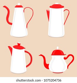 Big set ceramic teapots, glass kettle with handle on white background, teapot pattern consisting in spout for draining liquid coffee in kit kettles, collection teapots it different kitchen kettle