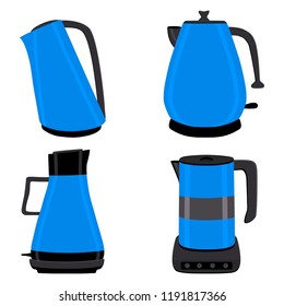 Big set ceramic teapots, glass kettle with handle on white background, teapot pattern consisting in spout for draining liquid coffee in kit kettles, collection teapots it different kitchen kettle