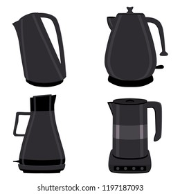 Big set ceramic teapots, glass kettle with handle on white background, teapot pattern consisting in spout for draining liquid coffee in kit kettles, collection teapots it different kitchen kettle