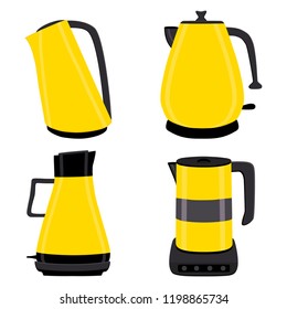 Big set ceramic teapots, glass kettle with handle on white background, teapot pattern consisting in spout for draining liquid coffee in kit kettles, collection teapots it different kitchen kettle