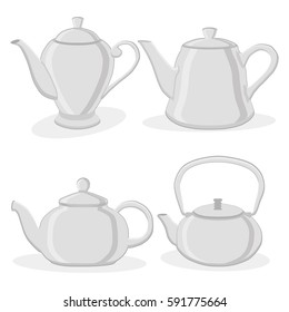 Big set ceramic teapots, glass kettle with handle on white background, teapot pattern consisting in spout for draining liquid coffee in kit kettles, collection teapots it different kitchen kettle