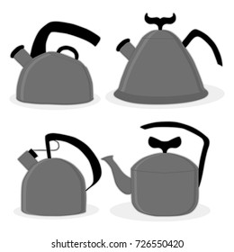 Big set ceramic teapots, glass kettle with handle on white background, teapot pattern consisting in spout for draining liquid coffee in kit kettles, collection teapots it different kitchen kettle
