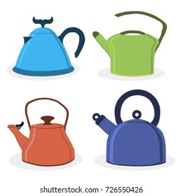 Big set ceramic teapots, glass kettle with handle on white background, teapot pattern consisting in spout for draining liquid coffee in kit kettles, collection teapots it different kitchen kettle