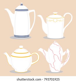 Big set ceramic teapots, glass kettle with handle on white background, teapot pattern consisting in spout for draining liquid coffee in kit kettles, collection teapots it different kitchen kettle