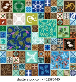 Big set of ceramic tiles with botanical elements. Hand drawn burdock, willow leaves, blooming sakura, lizards, daisies. Japanese, Chinese, English motifs. Floral, geometric ornaments.