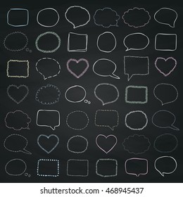 Big Set of Chalk Drawing Sketched Rustic Doodle Speech Bubbles and Banners, Frames and Borders on Chalkboard Texture. Outlined Vector Illustration.