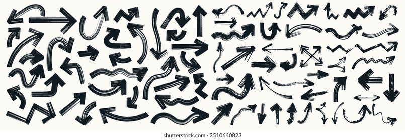 Big set of chalk pencil, brush stroke arrows. Template grunge texture chalk pointers, hand drawn black abstract shapes of different sizes. Collection of rough charcoal arrows flat vector illustration.