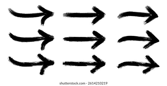 Big set of chalk pencil, brush stroke arrows. Template grunge texture chalk pointers, hand drawn black abstract shapes of different sizes. Collection of rough charcoal arrows flat vector illustration.