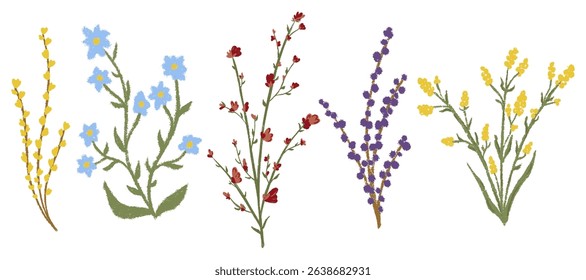 Big set chalk texture botanic blossom floral elements. Branches, leaves, herbs, wild plants, flowers. Crayon hand drawn garden, meadow, field collection. Vector illustration isolated. White background