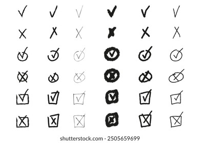 Big set Chalk texture Check Mark isolated transparent. Simple black Doodle checklist template design. Vector illustrtaion. EPS 10