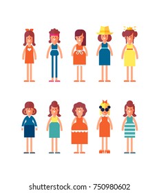 Big set of characters in flat style. Woman and girl in different clothes. Cartoon style, vector illustration.