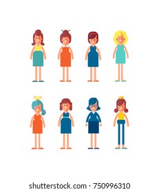 Big set of characters in flat style. Woman and girl in different clothes. Cartoon style, vector illustration.