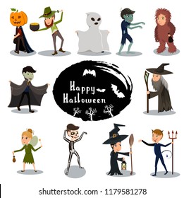 A big set of characters for Halloween. Children in various costumes dressed for the feast; fairy, ghost, shaggy monster, vampire, zombie, skeleton, wizard, sorceress, demon, leprechaun,  pumpkin.