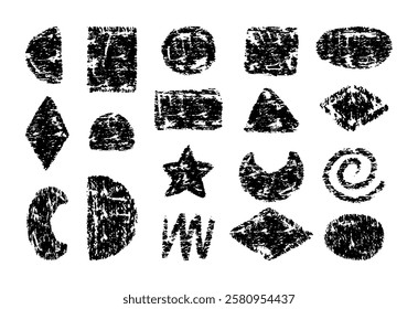 Big set of charcoal geometric figures. Hand drawn pencil or crayon kid texture. Triangle, square, circle, rhombus, star, oval, spiral, zigzag, heart, and polygon in child style. 3D Illustration