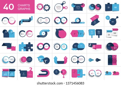 Big set of chart, two elements banner. 2 steps design, infographic, step by step number option, layout.