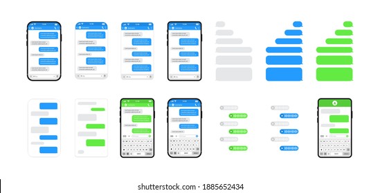 Big set of chat templates, messages, phones and speech bubbles in flat style. Social media design concept. Sms template bubbles for compose dialogues. Smart Phone with messenger chat screen and voice