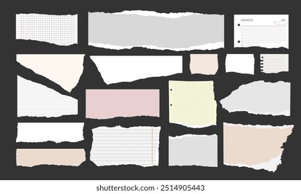 Big set of checkered, lined, colored sheets of paper from a math notebook, diary, notepad torn into pieces, glued to tape for text collage presentation flyer. Isolated vector on gray background EPS10