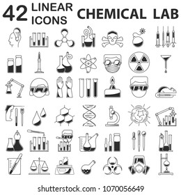 Big Set of chemistry icons in linear style. Include chemical equpments and other concept. Vector Illustration