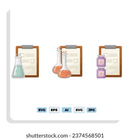 Big set of Chemistry laboratory and icon diagrams showing various kinds of experiments, glasses and molecules maintained on white for design elements, colored vector illustration