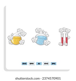 Big set of Chemistry laboratory and icon diagrams showing various kinds of experiments, glasses and molecules maintained on white for design elements, colored vector illustration