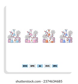 Big set of Chemistry laboratory and icon diagrams showing various kinds of experiments, glasses and molecules maintained on white for design elements, colored vector illustration