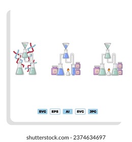 Big set of Chemistry laboratory and icon diagrams showing various kinds of experiments, glasses and molecules maintained on white for design elements, colored vector illustration
