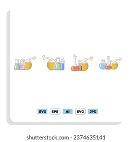 Gran conjunto de diagramas de laboratorio de química y de iconos que muestran diversos tipos de experimentos, vasos y moléculas mantenidos en blanco para elementos de diseño, ilustraciones vectoriales de color