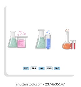 Big set of Chemistry laboratory and icon diagrams showing various kinds of experiments, glasses and molecules maintained on white for design elements, colored vector illustration