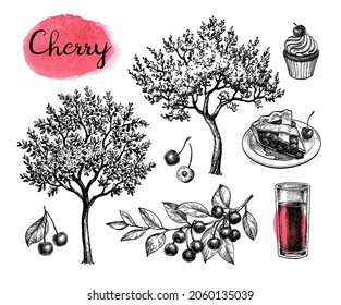 Big set. Cherry trees and branch with fruits. Glass of juice, cupcake and pie. Ink sketch isolated on white background. Hand drawn vector illustration. Vintage style stroke drawing.