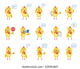 Big set of chicken characters showing different actions. Cheerful chicken talking on the phone, holding document, stop sign, loudspeaker, clipboard and doing other actions. Flat vector illustration