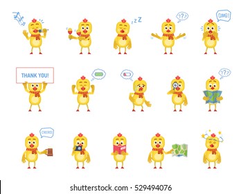 Big set of chicken characters showing different actions. Cheerful chicken karaoke singing, dancing, sleeping, holding banner, map, reading a book and doing other actions. Flat vector illustration