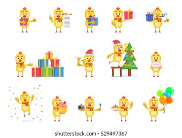 Big set of chicken characters showing different actions. Cheerful chicken holding gift box, cake, pie, cupcake, balloons, decorating Christmas tree and doing other actions. Flat vector illustration