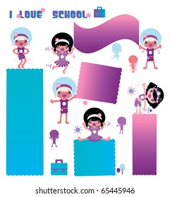 Big set children cute retro style educational icon set. Cute girl character series, grouped and layered for easy editing.