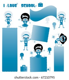Big set children cute retro style educational icon set. Cute girl character series, grouped and layered for easy editing.