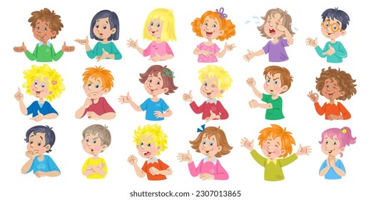 Big set of children of different nationalities with various emotions and gestures. Diversity facial expression. Avatar icons. In cartoon style. Isolated on white background. Vector illustration.