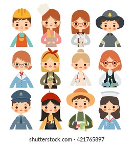 big set of children with different professions. cute little doctor, teacher, artist, baker, florist, sailor, scientist girls, cute little fireman, engineer, policeman and farmer boys