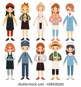 big set of children with different professions. cute little doctor, teacher, artist, baker, florist, sailor, scientist girls, cute little policeman and farmer boys