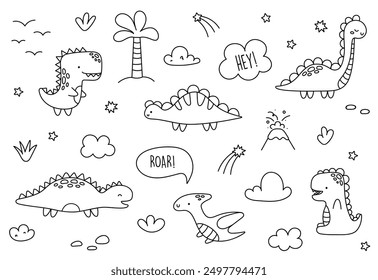 Big Set Children dinosaurs. Funny dinosaurs collection, childish style. Outline Sketch. Doodle baby animals for kids design. Dino with palm and plants. Vector isolated illustration