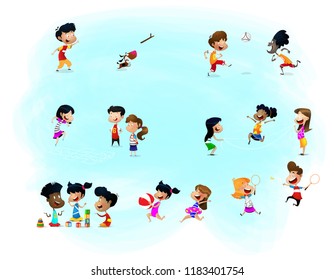 Big set with children doing different activity. Vector cartoon illustration